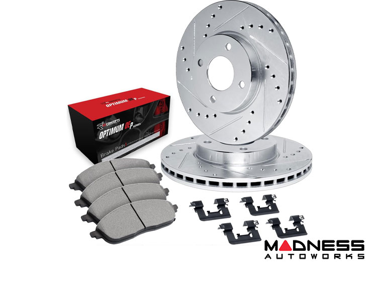 smart fortwo Brake Kit - 453 - Front - R1 Concepts - Optimum OEp Brake Pads - eLINE Drilled + Slotted Rotors